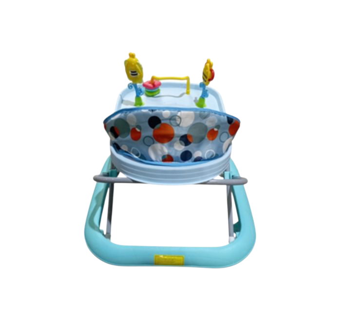 Adjustable baby walker with activity tray and colorful polka dot seat – blue and aqua design