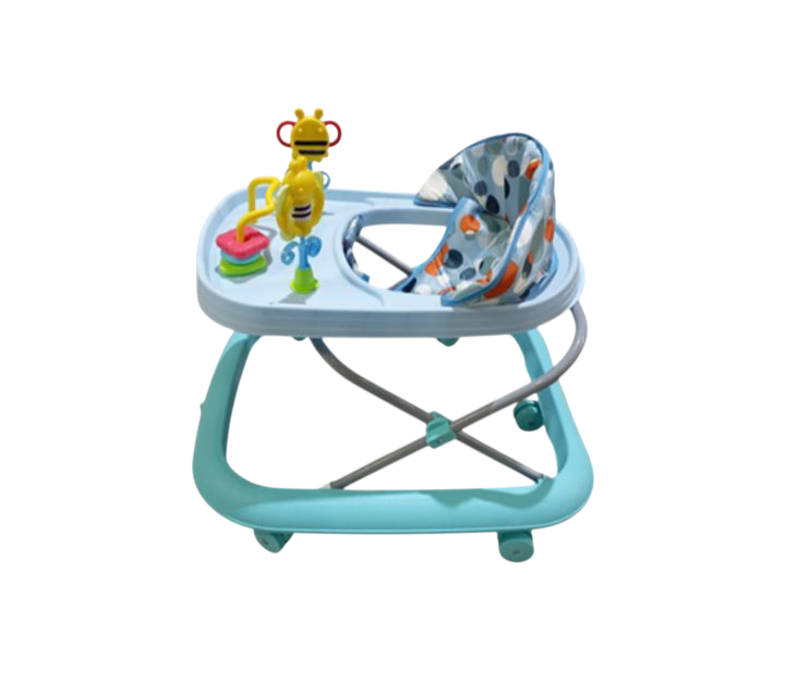 Blue and aqua adjustable baby walker with grey metal legs and swivel wheels