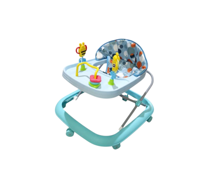 Adjustable baby walker with activity tray and colorful polka dot seat – blue and aqua design