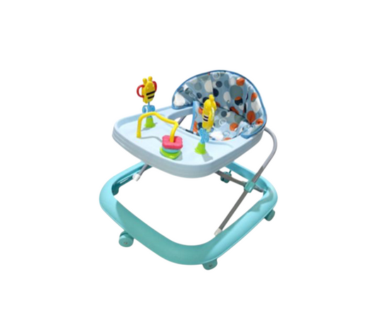 Adjustable baby walker with activity tray and colorful polka dot seat – blue and aqua design